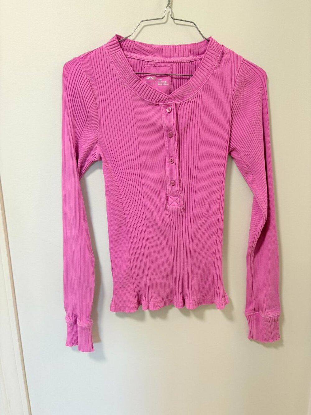 Aerie Road Trip Long Sleeve Rib Henley T-Shirt Bright Pink Fuschia Cozy Lounge - Picture 2 of 12